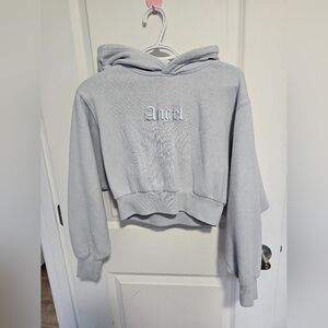 Gray Cropped Hoodie with 'Angel' Embroidery
